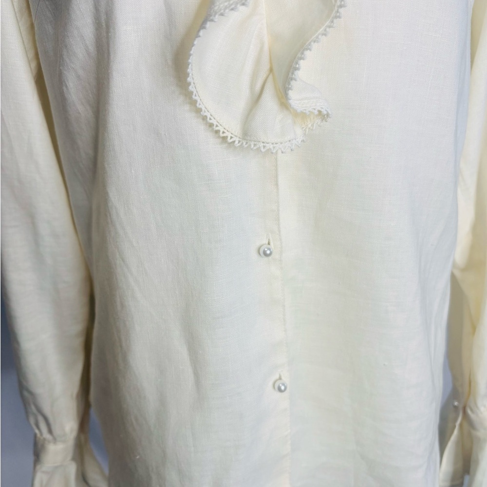 Lauren Ralph Lauren 100% Linen Ruffle Front Pearl Button up Blouse Size tag - Picture 4 of 10